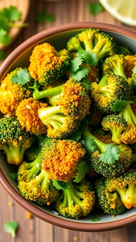 A bowl of crispy air fryer broccoli seasoned with Indian spices, garnished with cilantro, on a wooden table.